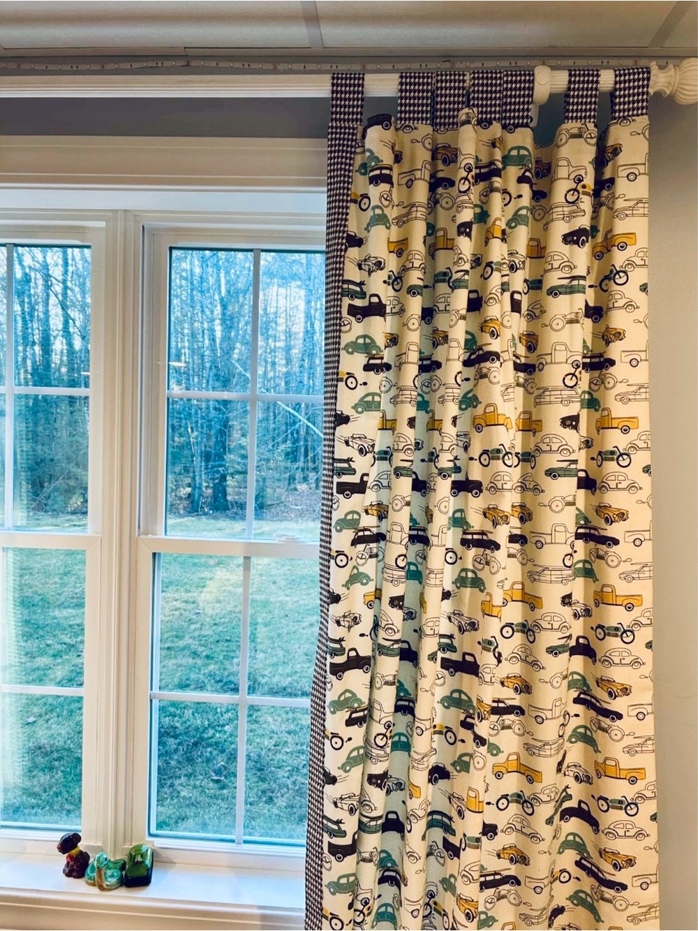 84” Custom Made Printed Car Pattern Window Curtain Panels in Teal and Cream